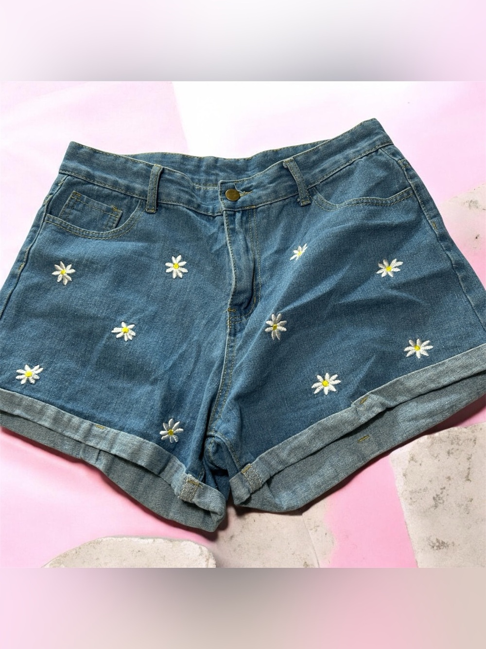 SHEIN Blue Daisy Embroidered High-Waist Jean Shorts